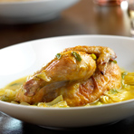 Champagne-Poached Cornish Game Hens with Artichokes, Potatoes, Spring Onions and Roasted Garlic