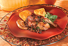 Grilled Game Hens & Seared Foie Gras with Crispy Polenta & Fig-Port Reduction