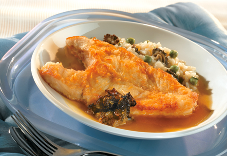 Image of Pan-roasted Halibut With Morel Confiture, Sweet Pea Risotto And Morel Tea, Campbells Kitchen