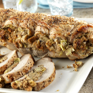 Stuffed Pork Roast with Herb Seasoned Artichoke & Mushroom Stuffing