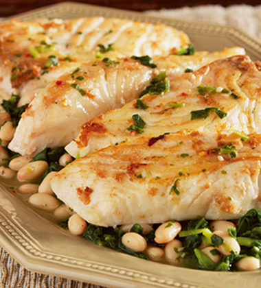 HALIBUT WITH BEANS AND SPINACH HALIBUT WITH BEANS AND SPINACH