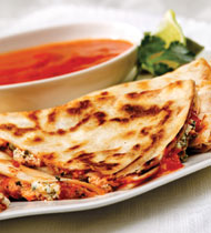 GOAT CHEESE AND BASIL PESTO QUESADILLAS WITH ROASTED RED PEPPER SAUCE GOAT CHEESE AND BASIL PESTO QUESADILLAS WITH ROASTED RED PEPPER SAUCE