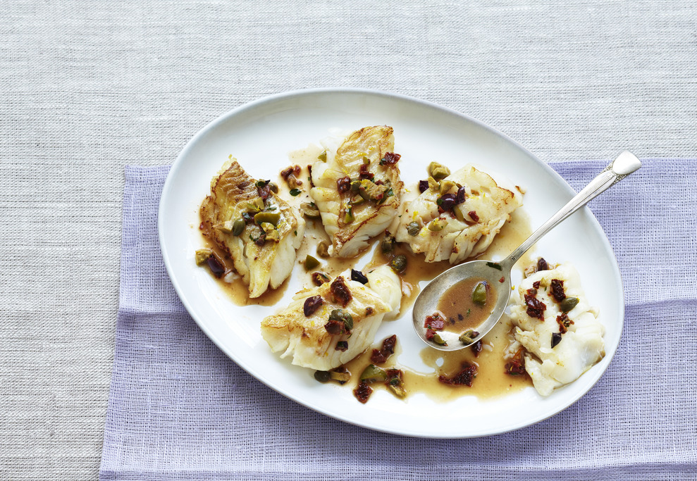Pan Braised Cod with Puttanesca Sauce