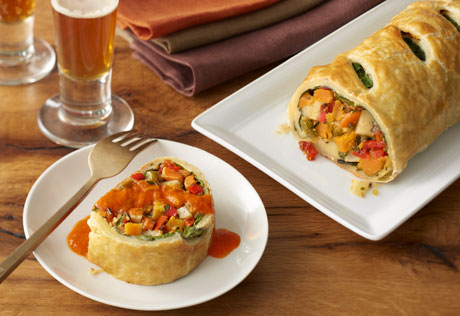 Roasted Vegetable Strudel with Red Pepper Coulis