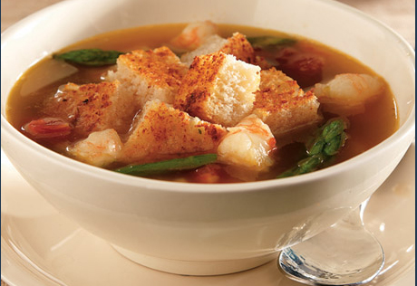 Roasted Asparagus & Shrimp Soup with Parmesan Cheese Croutons