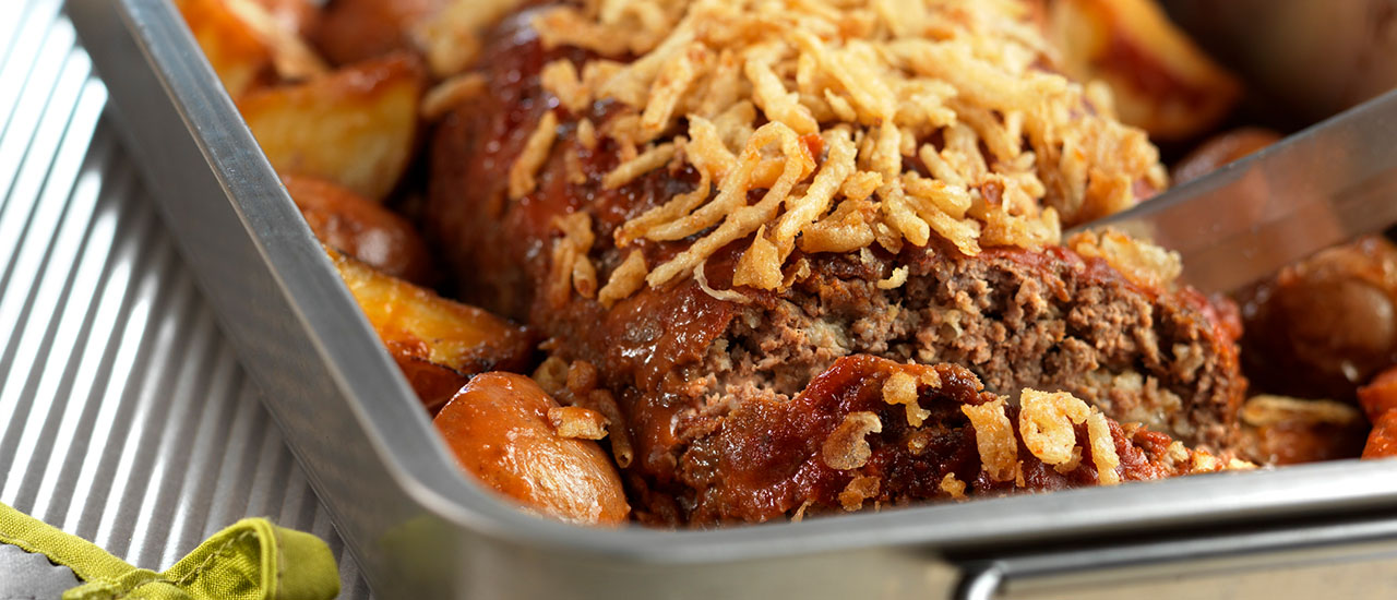 Onion Crusted Meatloaf With Roasted Potatoes