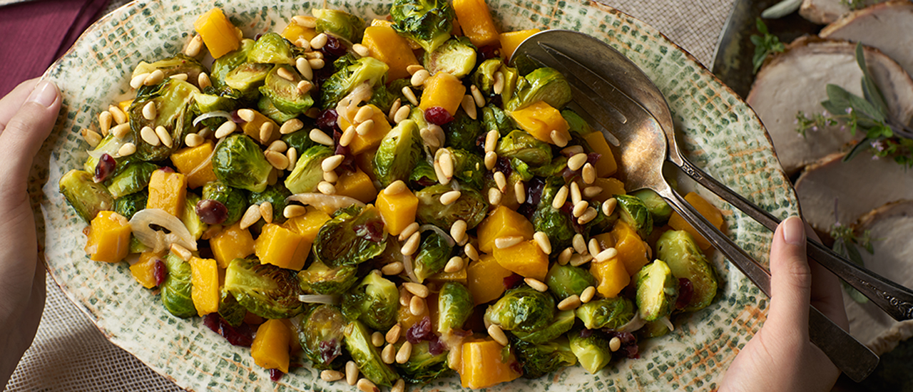 Roasted Brussels Sprouts & Squash with Cranberries & Pine Nuts